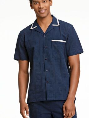 Men's Navy Short-Sleeve Button-Down Shirt with Cream Trim